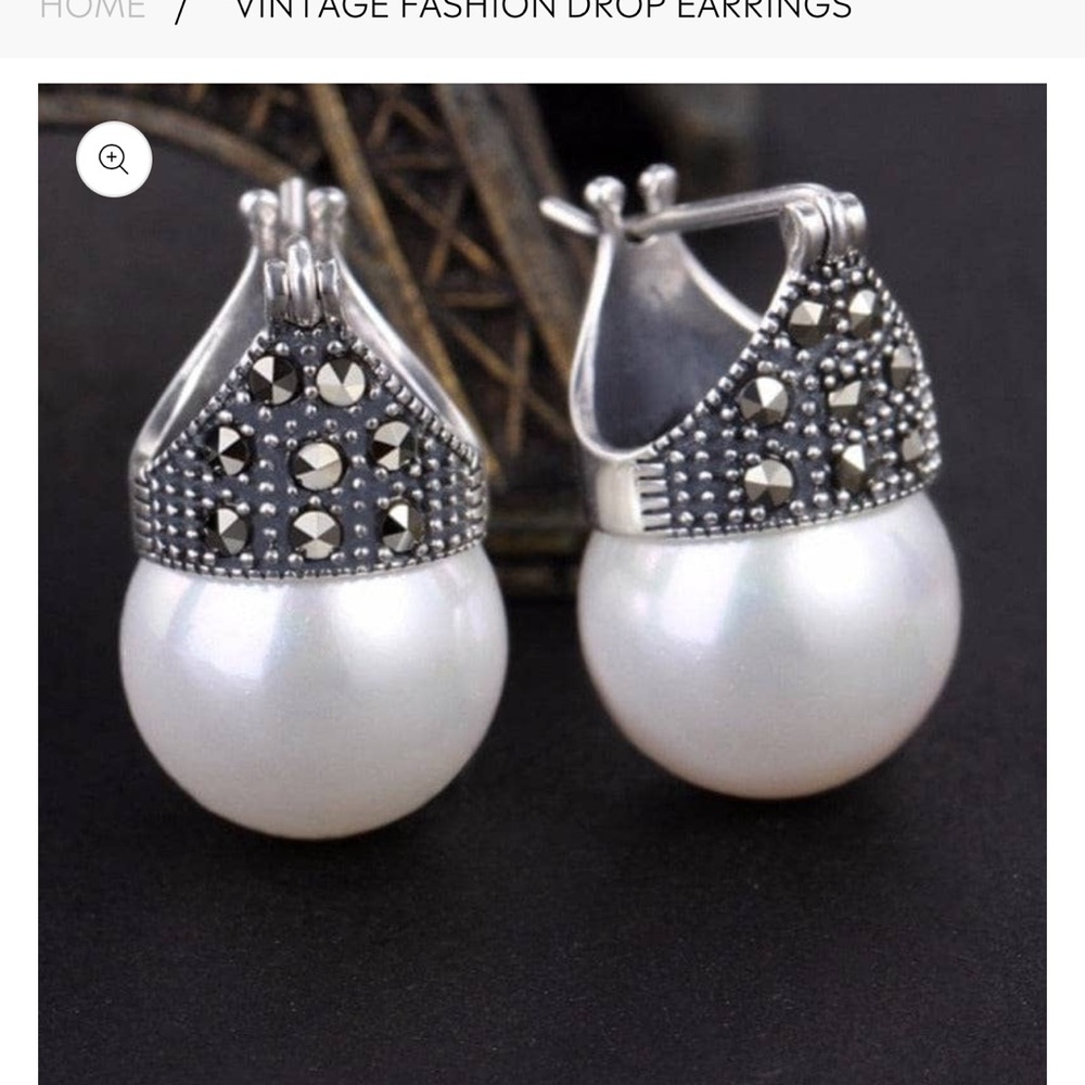 Vintage Sterling silver 925 marcasite pearls art deco hoops earrings
